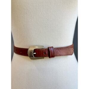 VTG Brown Leather Skinny Waist Belt Silver Tone Square Textured Buckle, Size XL